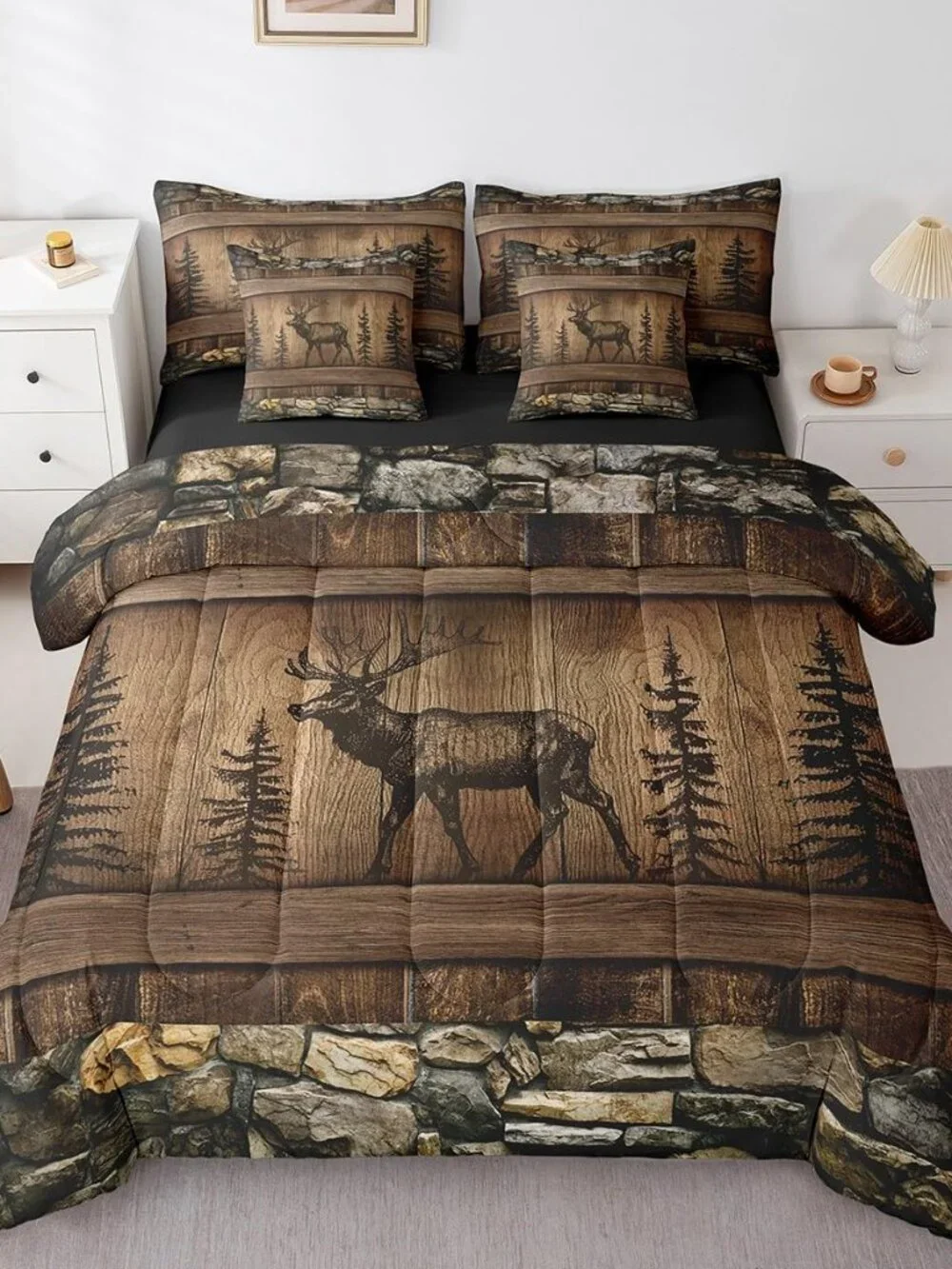 Deer Moose Bed in A Bag 7 Piece Twin Rustic Cabin Lodge Comforter Set for Kids A